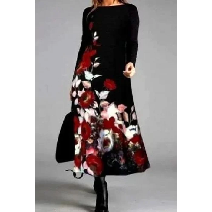 Kadın Uzun Kollu çiçek Baskılı Midi Mikro Elbise