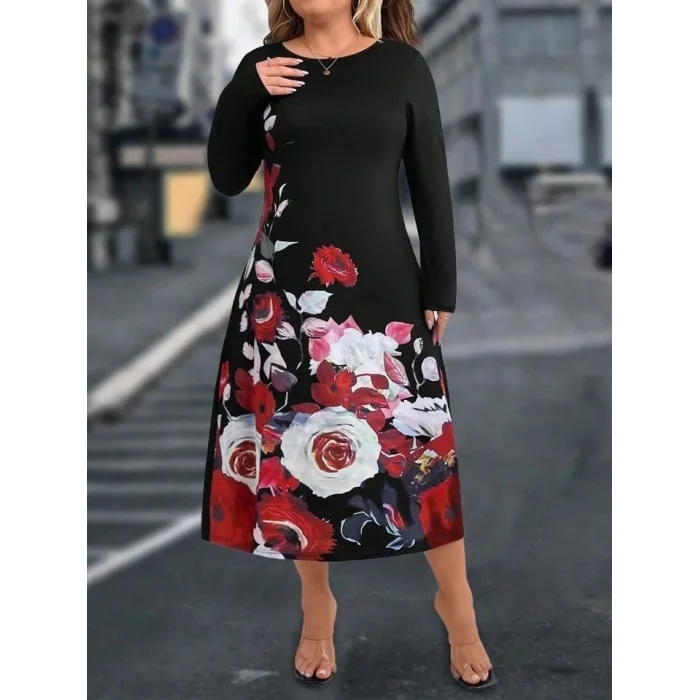 Kadın Uzun Kollu çiçek Baskılı Midi Mikro Elbise