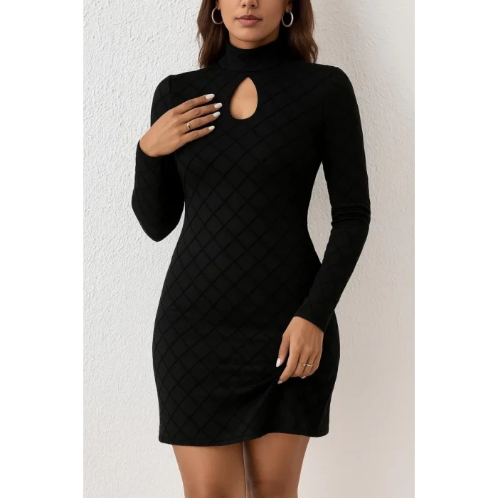 Kadın Uzun Kollu Damla Detay Flok Baskı Dalgıç Mini Elbise