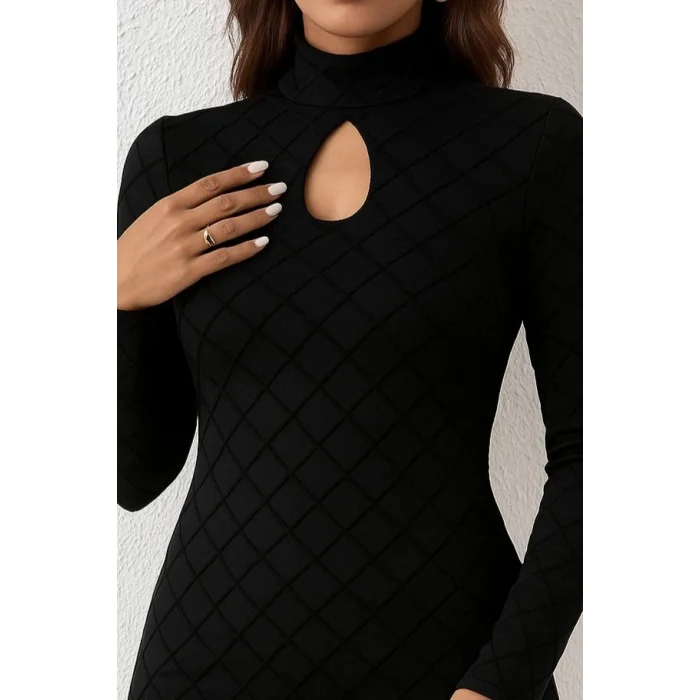 Kadın Uzun Kollu Damla Detay Flok Baskı Dalgıç Mini Elbise