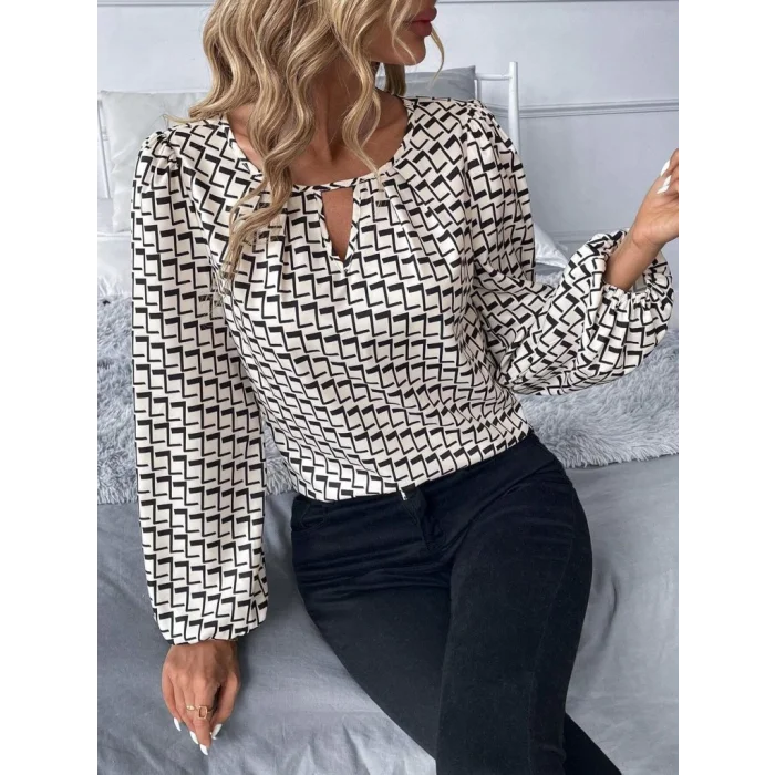 Kadın Uzun Kollu Damla Detaylı Yaka Desenli Süprem Bluz