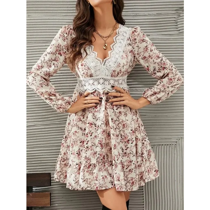Kadın Uzun Kollu Dantel V Yakalı Mini Desenli Süprem Elbise
