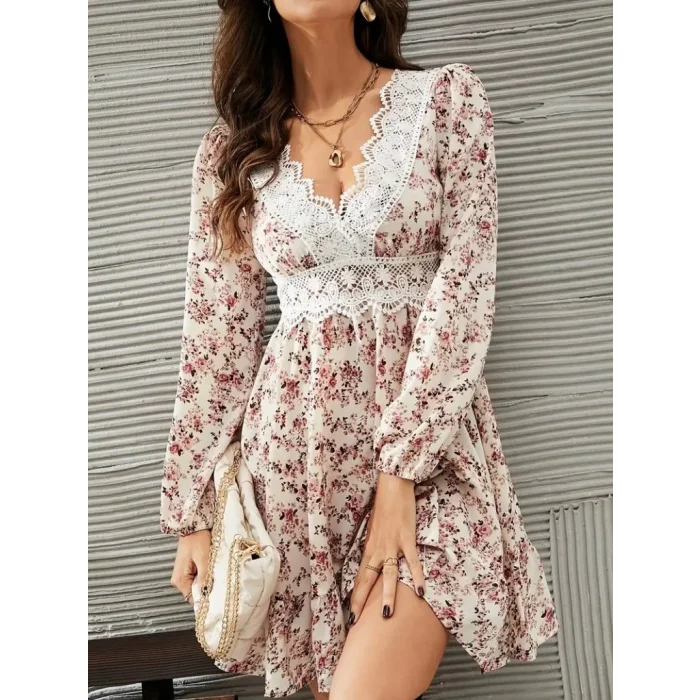 Kadın Uzun Kollu Dantel V Yakalı Mini Desenli Süprem Elbise