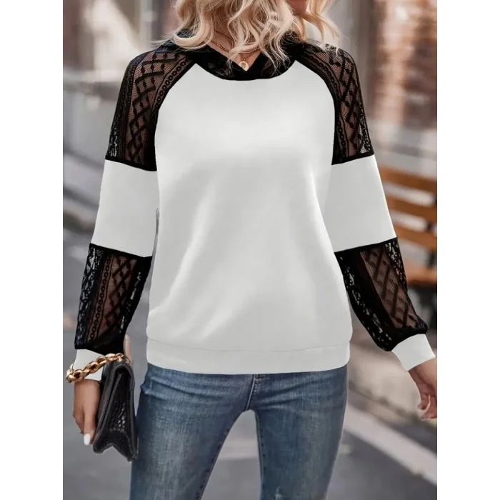 Kadın Uzun Kollu Dantelli Kapşonlu Viskon Iki Iplik Bluz