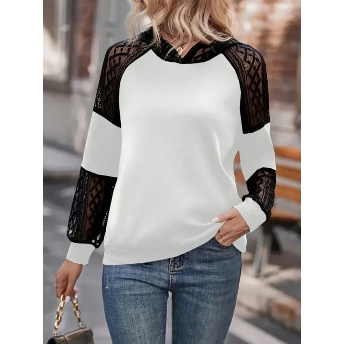 Kadın Uzun Kollu Dantelli Kapşonlu Viskon Iki Iplik Bluz