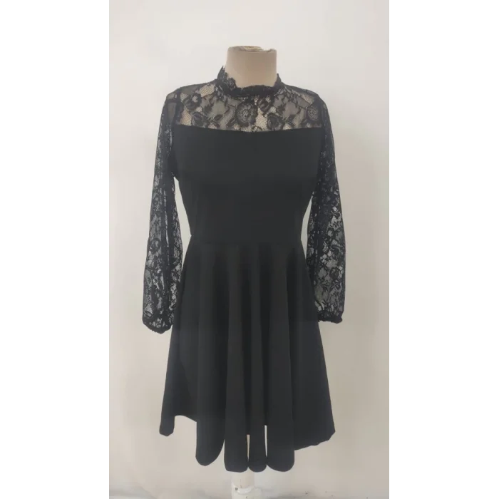 Kadın Uzun Kollu Dantelli Kloş Mini Ithal Krep Elbise