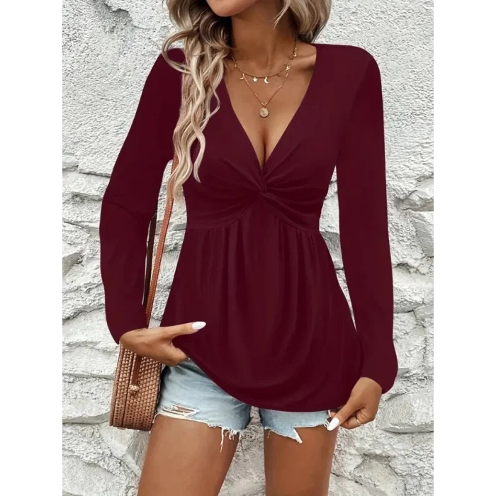 Kadın Uzun Kollu Dekolteli Sarmal Detaylı Viskon Bluz