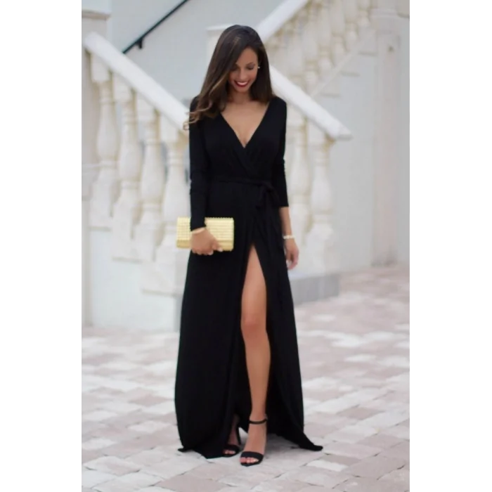 Kadın Uzun Kollu Derin V Kruvaze Yaka Beli Lastik Yırtmaç Ve Bağcık Detaylı Sandy Tam Boy Elbise