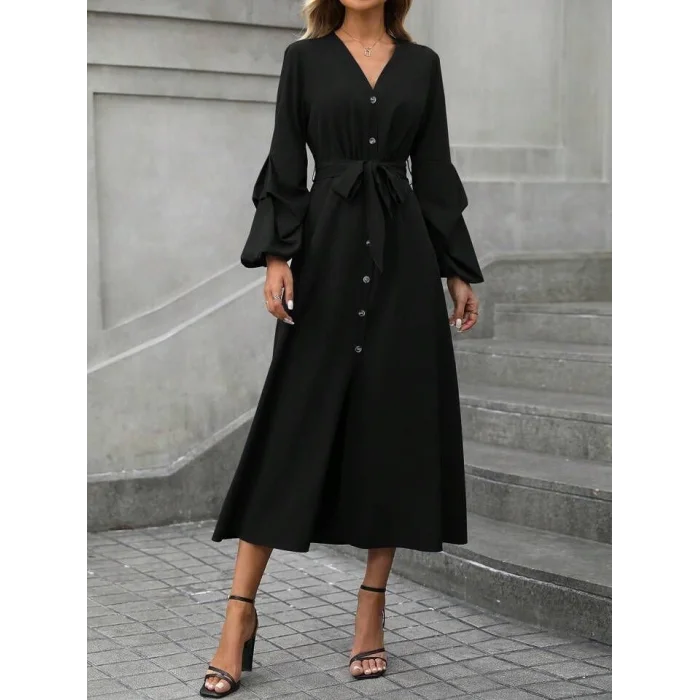 Kadın Uzun Kollu Derin V Yakalı Belden Kuşaklı önden Düğmeli Janjan Krep Elbise