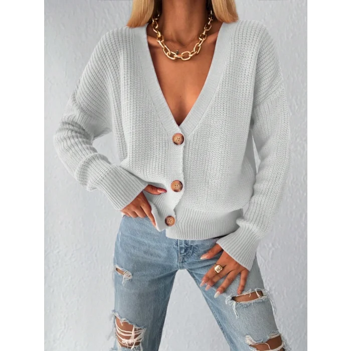 Kadın Uzun Kollu Düğme Detay Triko Bluz