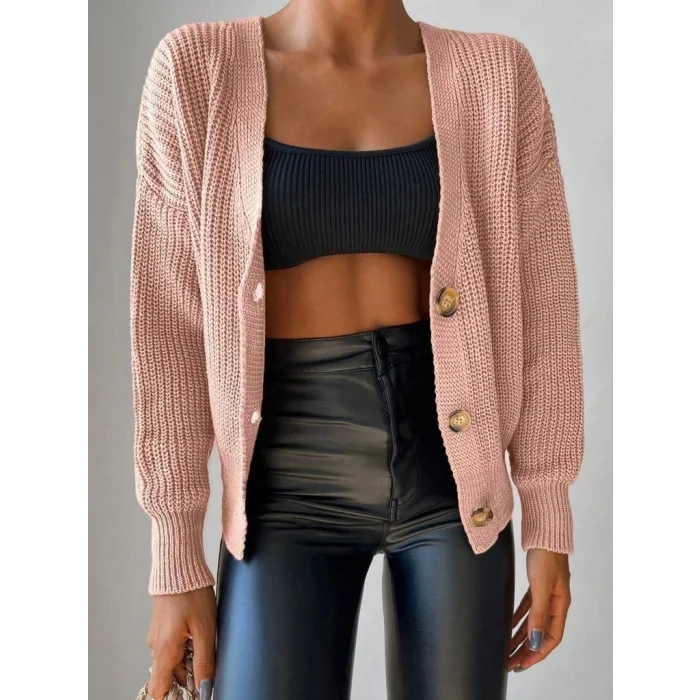 Kadın Uzun Kollu Düğme Detay Triko Bluz