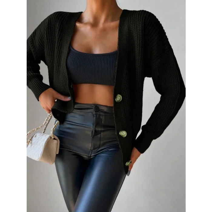 Kadın Uzun Kollu Düğme Detay Triko Hırka