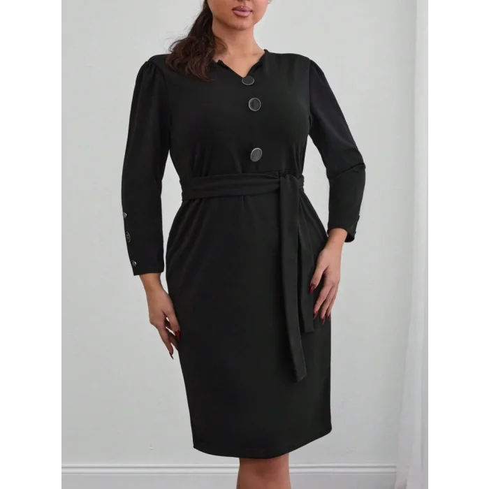 Kadın Uzun Kollu Düğme Detaylı Kendinden Kemerli Ithal Krep Elbise