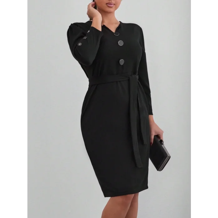 Kadın Uzun Kollu Düğme Detaylı Kendinden Kemerli Ithal Krep Elbise