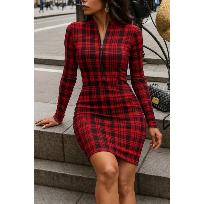 Kadın Uzun Kollu Fermuarlı Ekose Baskılı Dalgıç Elbise