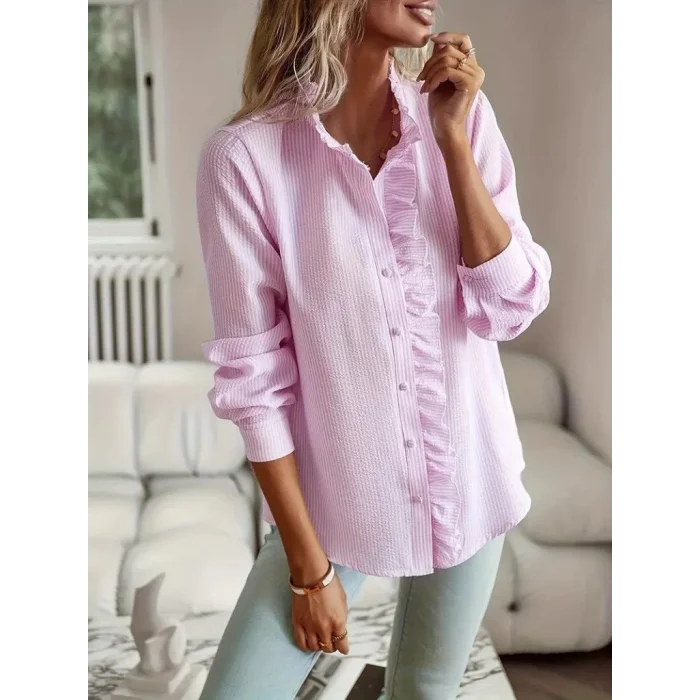 Kadın Uzun Kollu Fırfır Yakalı önden Düğmeli çizgili Burgu Gömlek