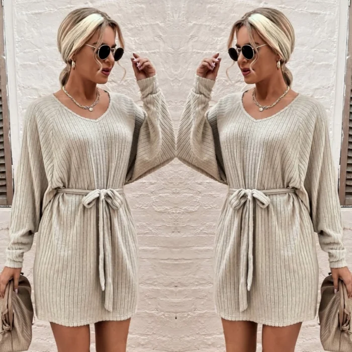 Kadın Uzun Kollu Fitilli şardonlu Detay Buklet Kuşaklı Yumoş Elbise