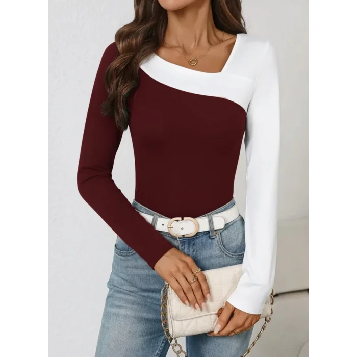 Kadın Uzun Kollu Geometrik Yaka Detaylı çift Renkli Viskon Bluz