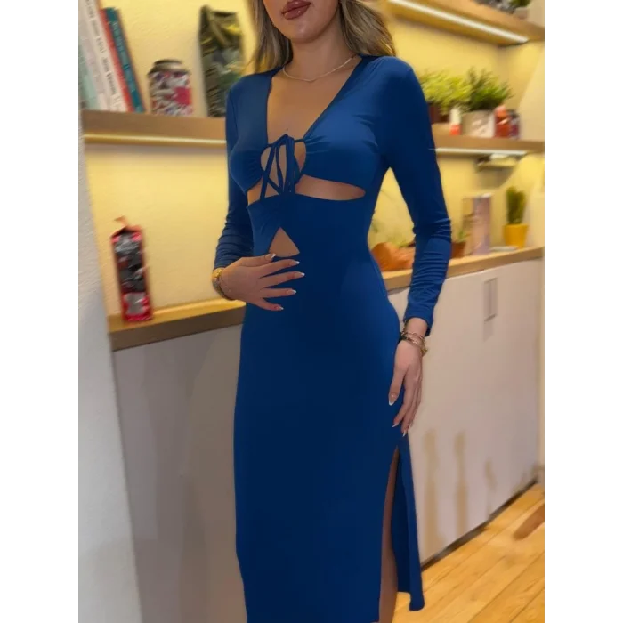 Kadın Uzun Kollu Göğüs Ve Göbek Dekolte Detay Sandy Midi Boy Elbise