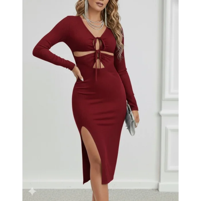 Kadın Uzun Kollu Göğüs Ve Göbek Dekolte Detay Sandy Midi Boy Elbise