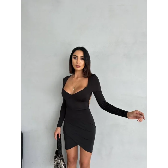 Kadın Uzun Kollu Göğüs Ve Sırt Dekolteli Kruvaze Etek Detay Fırsat ürün Mini Elbise