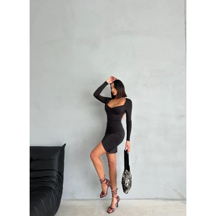 Kadın Uzun Kollu Göğüs Ve Sırt Dekolteli Kruvaze Etek Detay Fırsat ürün Mini Elbise