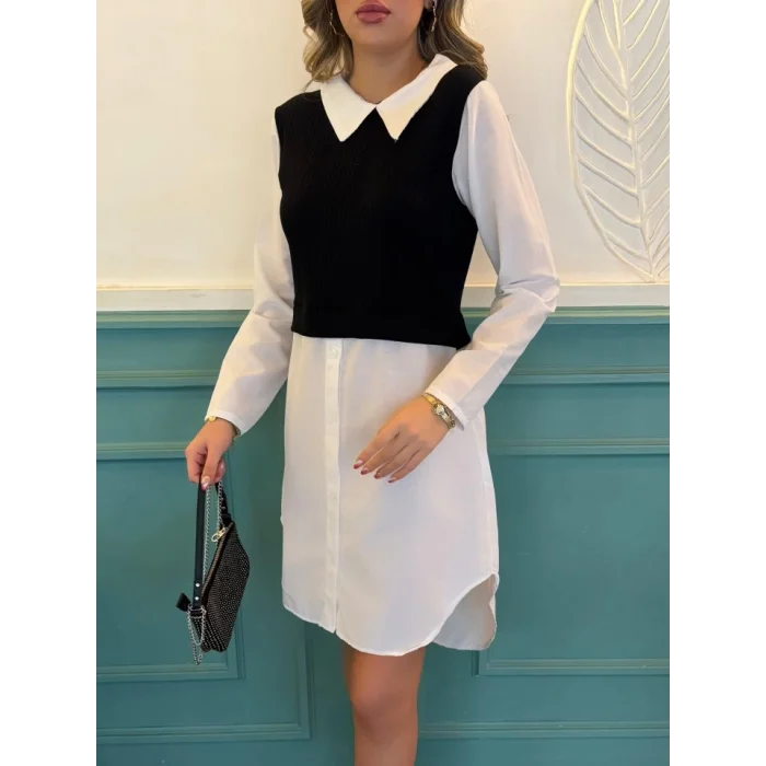 Kadın Uzun Kollu Gömlek Yaka çift Renkli Trikoton Elbise