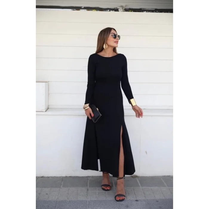 Kadın Uzun Kollu Hafif Kayık Yaka Sırt Dekolteli Yırtmaç Detaylı Viskon Tam Boy Elbise