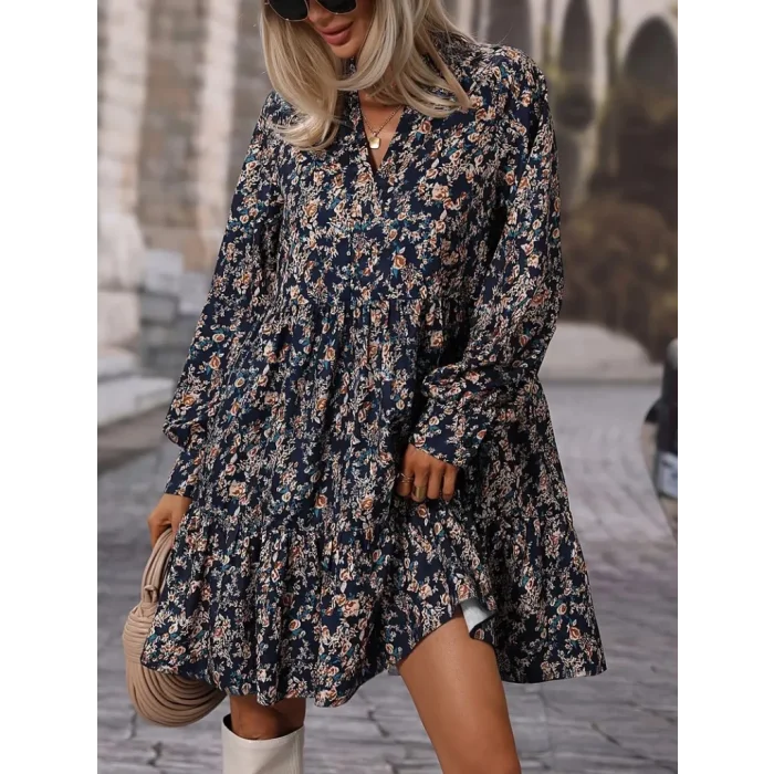 Kadın Uzun Kollu Hakim V Yakalı Desenli Volanlı Süprem Elbise