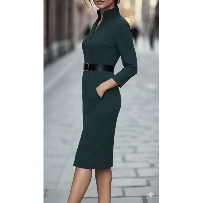 Kadın Uzun Kollu Hakim Yaka Beli Kemerli Cepli Midi Ithal Krep Elbise