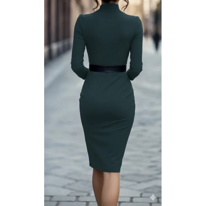 Kadın Uzun Kollu Hakim Yaka Beli Kemerli Cepli Midi Ithal Krep Elbise