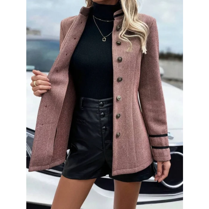 Kadın Uzun Kollu Hakim Yaka Düğme Detaylı Mini Dokuma Ceket