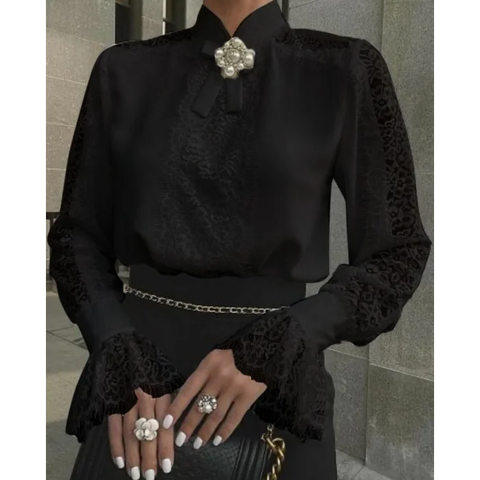 Kadın Uzun Kollu Hakim Yaka Ithal Dantel Detay Gömlek