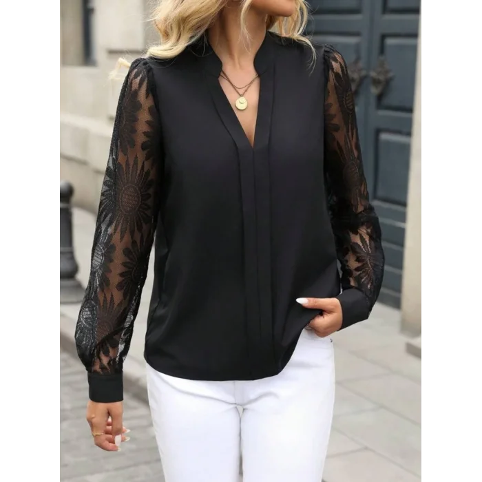 Kadın Uzun Kollu Hakim Yaka Tül Detay Ithal Krep Bluz