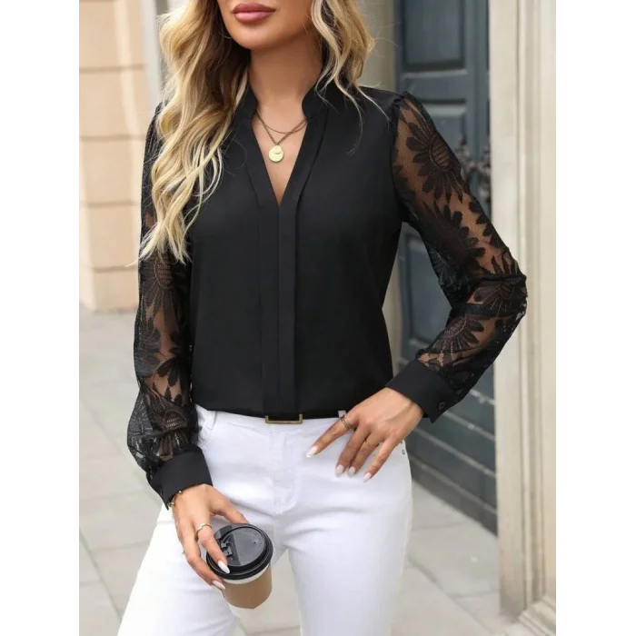 Kadın Uzun Kollu Hakim Yaka Tül Detay Ithal Krep Bluz