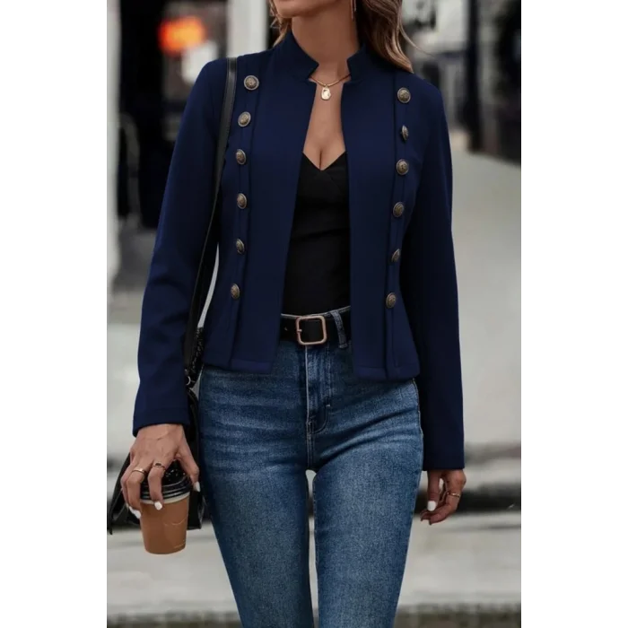 Kadın Uzun Kollu Hakim Yaka Yanlardan Düğmeli Kısa Süet Ceket