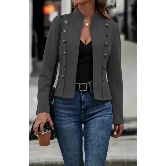 Kadın Uzun Kollu Hakim Yaka Yanlardan Düğmeli Kısa Süet Ceket