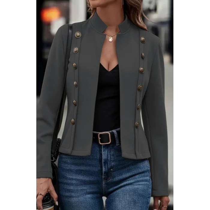 Kadın Uzun Kollu Hakim Yaka Yanlardan Düğmeli Kısa Süet Ceket