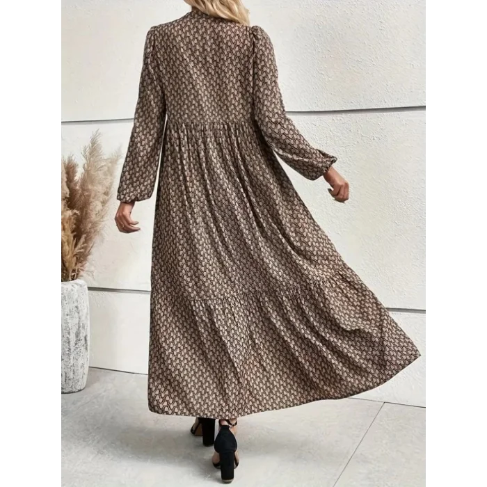 Kadın Uzun Kollu Hakim Yakalı Düğmeli Kemersiz Desenli Maxi Süprem Elbise