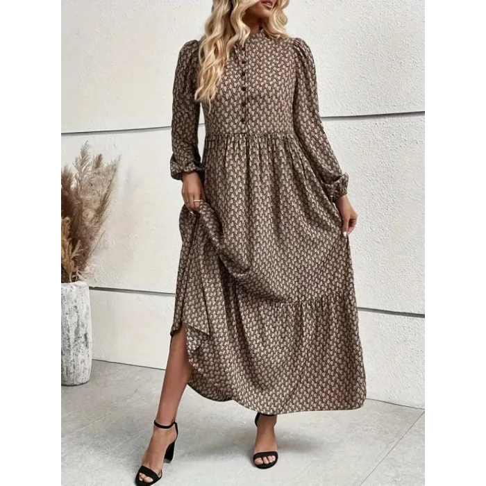 Kadın Uzun Kollu Hakim Yakalı Düğmeli Kemersiz Desenli Maxi Süprem Elbise