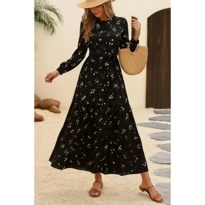 Kadın Uzun Kollu Hakim Yakalı Düğmeli Kuşaklı Desenli Maxi Mikro Süprem Elbise