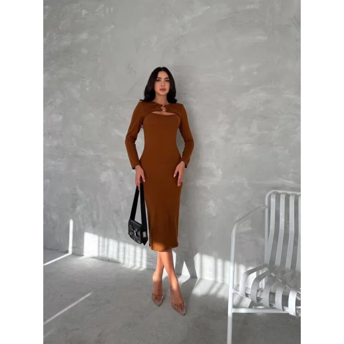 Kadın Uzun Kollu Halka Ve Pencere Dekolte Detay Fırsat ürün Midi Boy Elbise