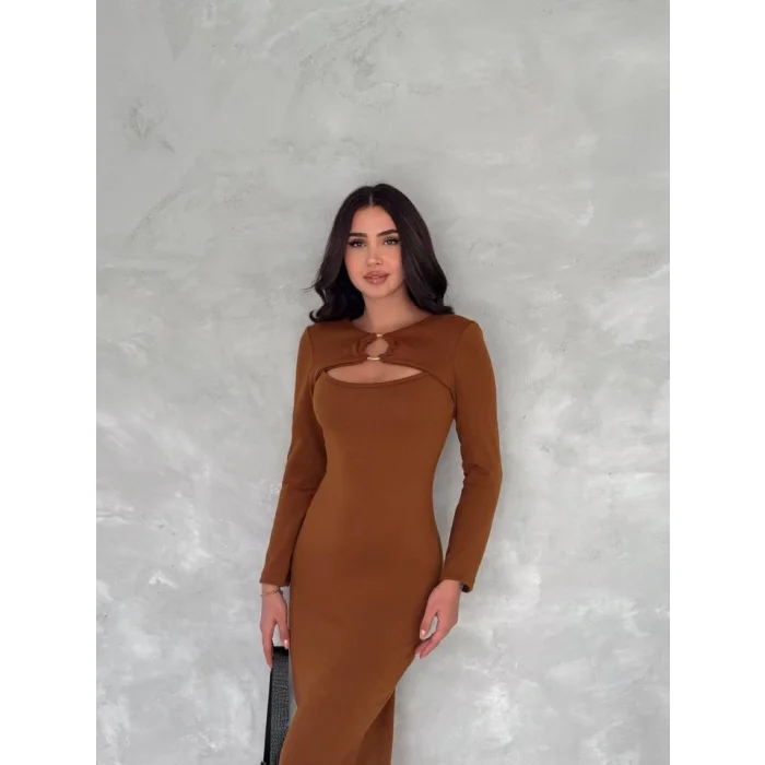 Kadın Uzun Kollu Halka Ve Pencere Dekolte Detay Fırsat ürün Midi Boy Elbise