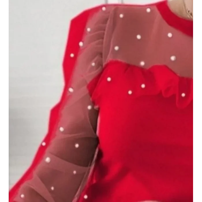 Kadın Uzun Kollu Inci Detaylı Tüllü Viskon Bluz