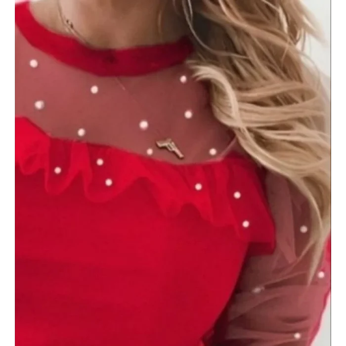 Kadın Uzun Kollu Inci Detaylı Tüllü Viskon Bluz