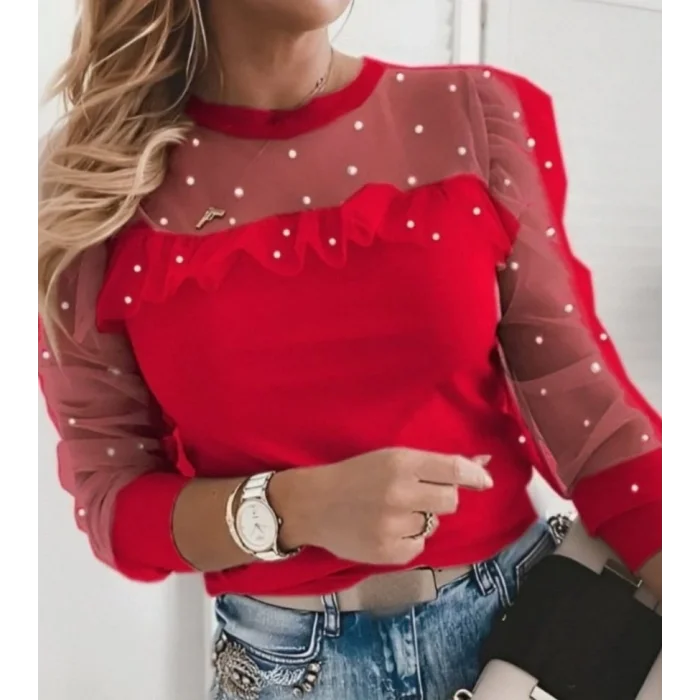 Kadın Uzun Kollu Inci Detaylı Tüllü Viskon Bluz