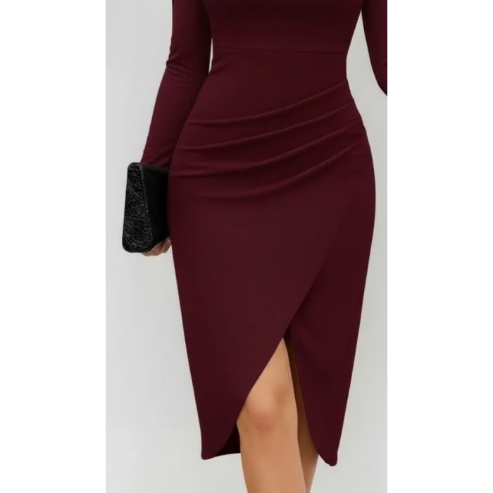 Kadın Uzun Kollu Kalp Yaka önden çapraz Detaylı Midi Ithal Krep Elbise