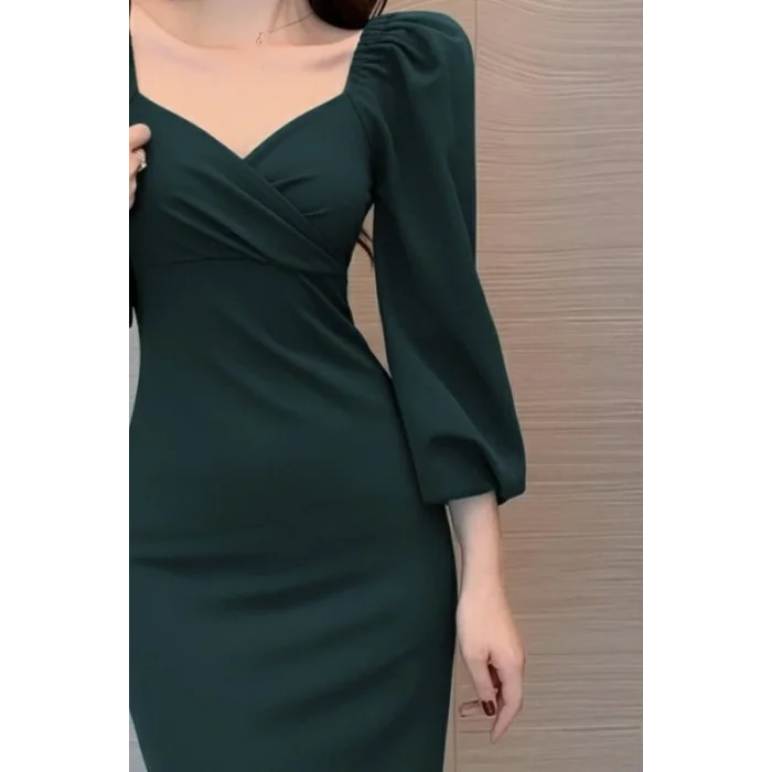 Kadın Uzun Kollu Kalp Yakalı Midi Ithal Krep Elbise