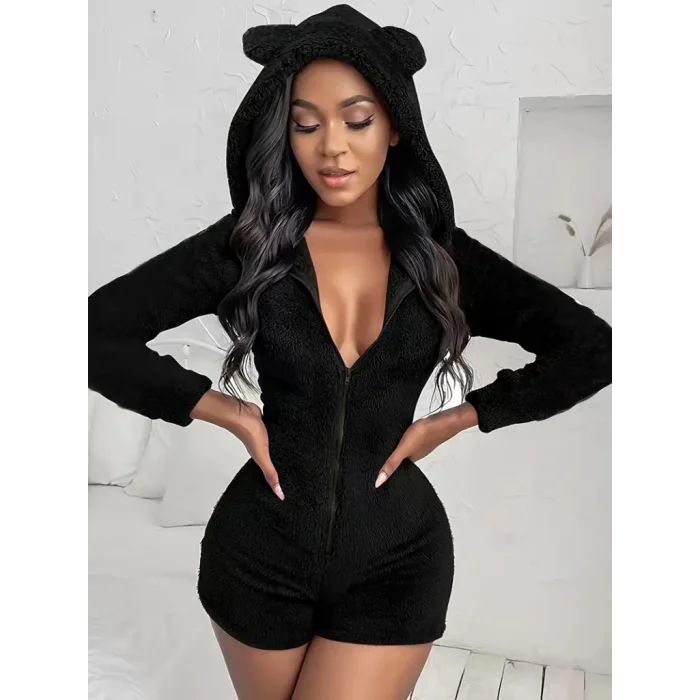 Kadın Uzun Kollu Kapişon Ve Fermuar Detaylı Peluş şort Tulum