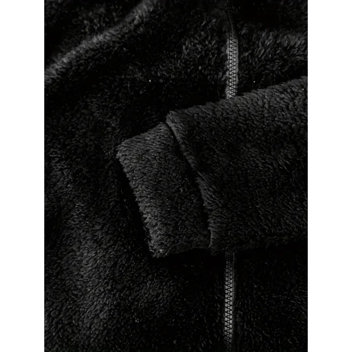 Kadın Uzun Kollu Kapişon Ve Fermuar Detaylı Peluş şort Tulum